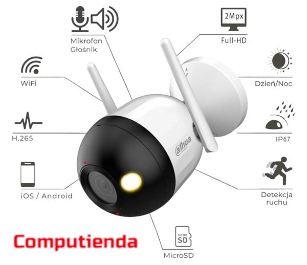 camaras de seguridad wifi Cámara Wi-Fi tipo bala con resolución de 1080P a 30FPS, sensor CMOS de 1/3'' y lente de 3.6mm. Ofrece compresión H.264, visión nocturna de hasta 15 metros con cuatro LEDs y audio bidireccional. Soporta tarjetas TF de hasta 128GB para almacenamiento.